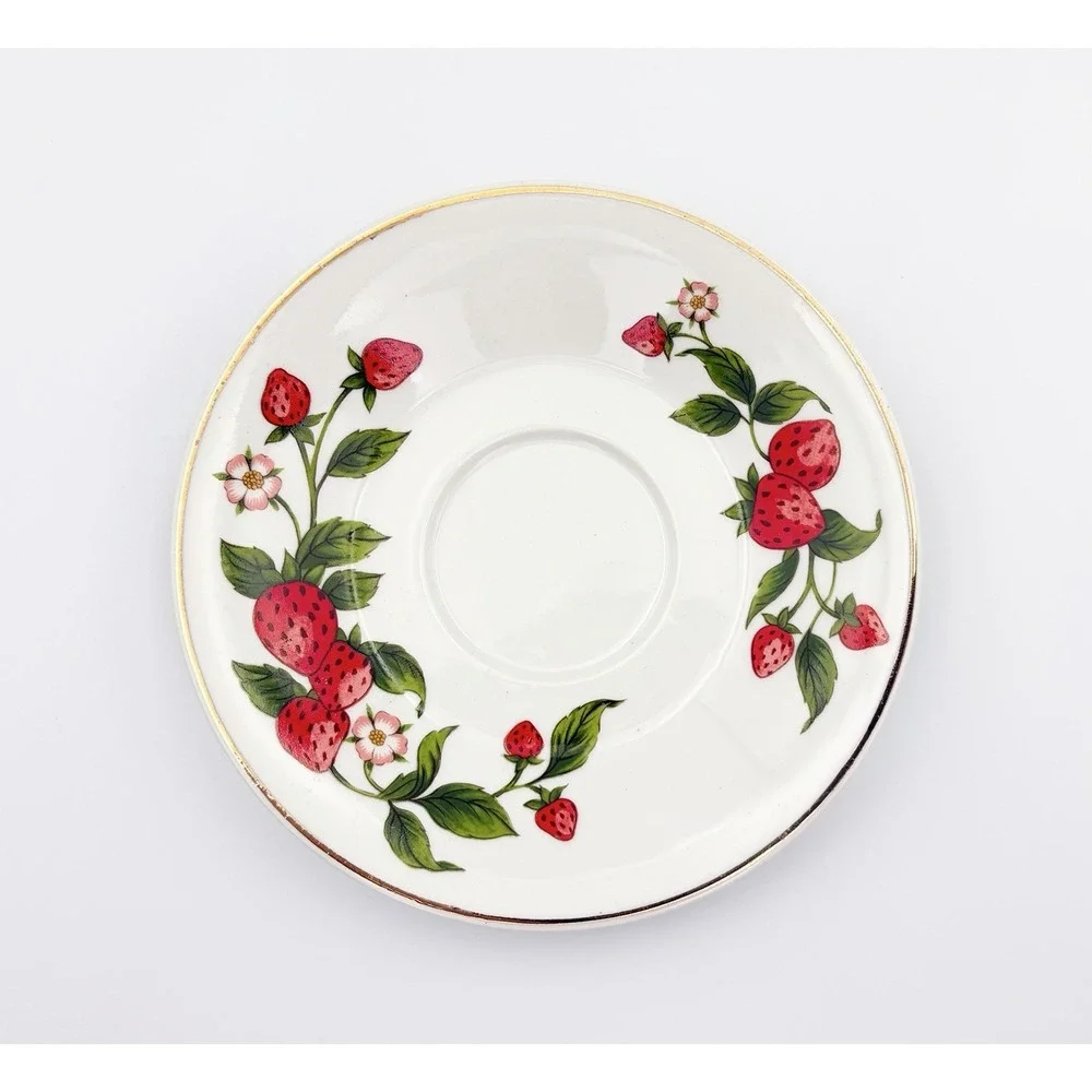 Vintage Teleflora Strawberry Vine Tea Cup and Saucer Set Gold Rim Cottagecore